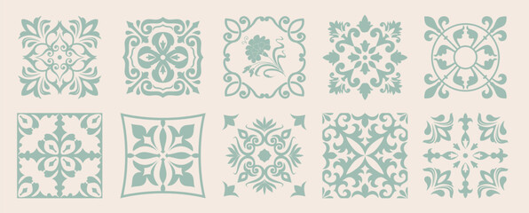 Set of 10 tiles azulejios. Mediterranean tile,  seamless patterns. Spanish, Sicilian, Portuguese, Italian traditional ornaments. Set of floral mosaic designs with ethnic motifs. vecto