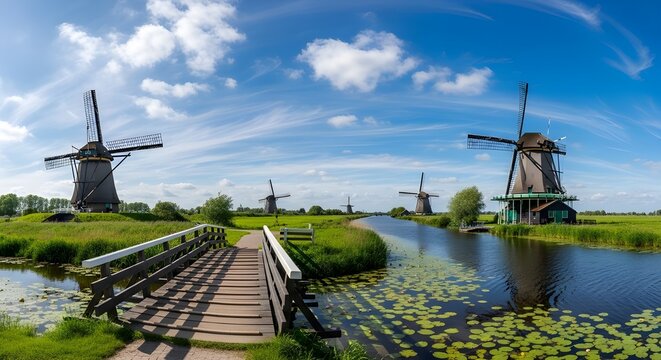 Scenic Kinderdijk Windmills and Canal Landscape on a Bright Sunny Day in the Netherlands