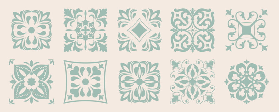 Set of 10 tiles azulejios. Mediterranean tile,  seamless patterns. Spanish, Sicilian, Portuguese, Italian traditional ornaments. Set of floral mosaic designs with ethnic motifs. vecto