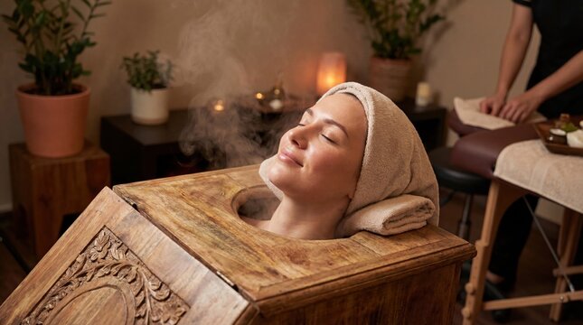 Woman Relaxing in Traditional Ayurvedic Steam Box Swedana