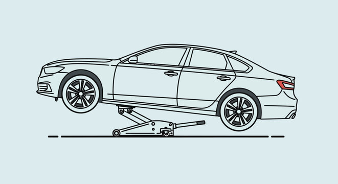 Generic sedan car lifted by a hydraulic floor jack for repair, maintenance, or tire change. Flat line art vehicle service illustration.