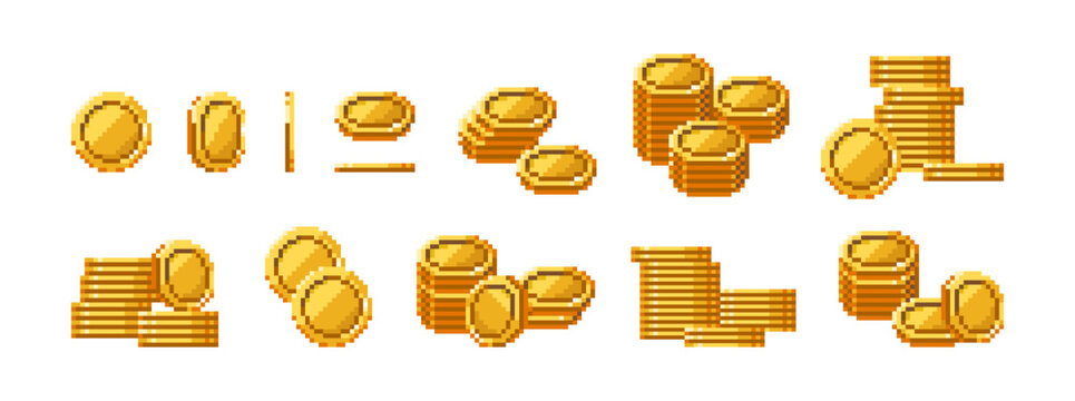 Pixel art of coins set. Money for 8 bit computer games. Gold, stacks of cash for 8bit old videogame. Finances emojis. Golden savings icons. Flat isolated vector illustrations on white background