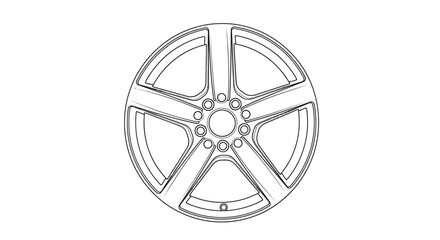 Obraz premium Technical line drawing vector illustration of a modern five-spoke alloy car wheel rim for automotive graphics and designs