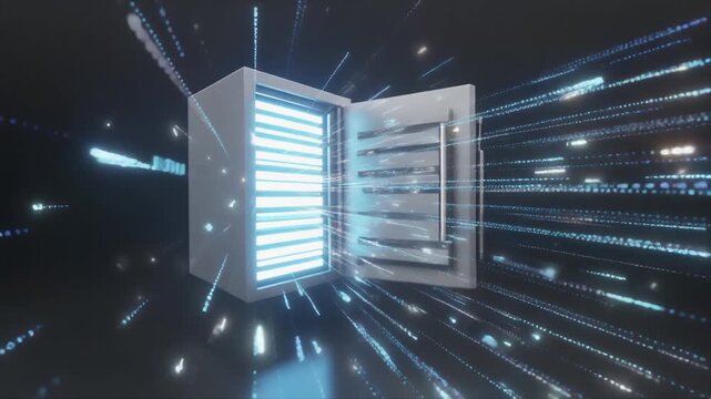 Futuristic server room with open cabinet revealing illuminated interior, surrounded by streaming data, digital environment, and high-tech viewpoint