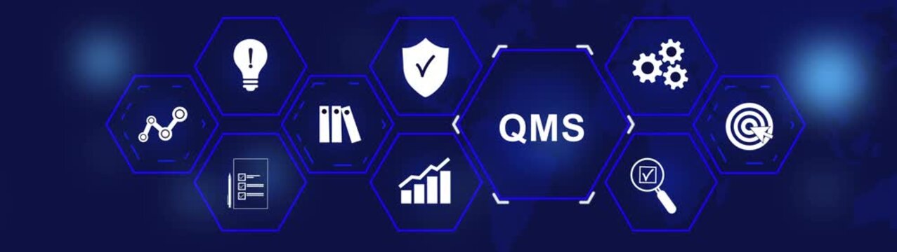 Quality management system business and industrial technology concept. QMS, Modern Business, Technology, Internet and social media icons 4K animation background.
