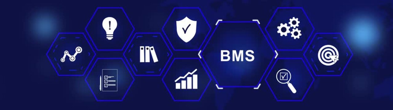 BMS acronym, building management system business and industrial technology concept. BMS, Modern Business, Technology, Internet and social media icons 4K animation background.