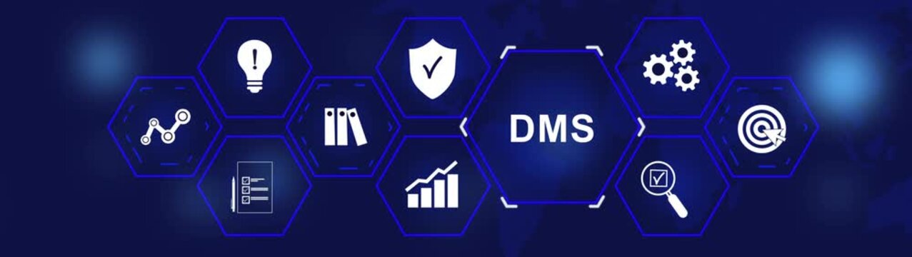Document management DMS System Digital rights management business and industrial technology concept. DMS, Modern Business, Technology, Internet and social media icons 4K animation background.