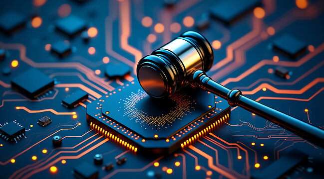 Metallic gavel circuit board microchip technology law justice concept courtroom symbol legal decision digital regulation cybersecurity judgment