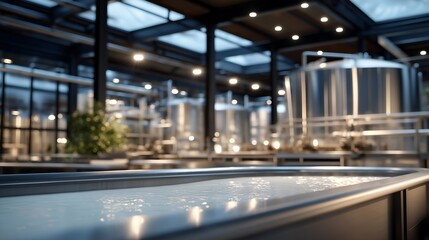 Naklejka premium Innovative milk pasteurization process in a state-of-the-art dairy facility with gleaming equipment and professionals ensuring safety and quality. Brightly lit interior showcasing large milk vats