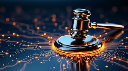 Golden gavel on glowing circuit board, justice concept, legal technology and digital law enforcement with neon highlights