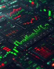 Obraz premium Tightly-framed view of glowing green/red stock market charts on dark screens, angled for perspective