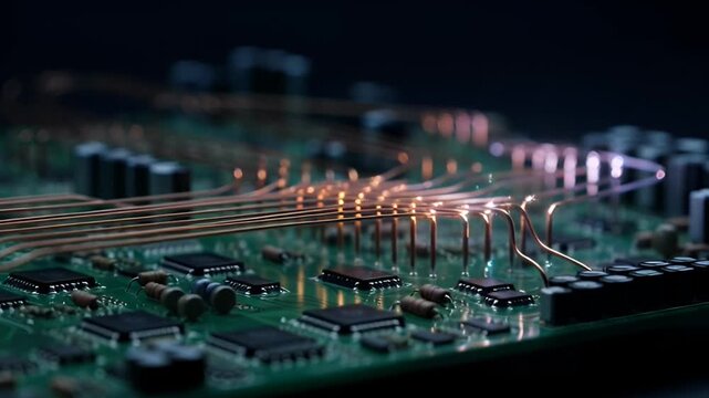 Close-up of a circuit board with glowing blue light on copper wires