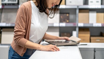 Woman Selecting Tiles at Home Improvement Store Interior Design Choices Project Inspiration Renovation and Remodeling Options.