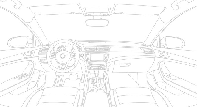 Detailed line art illustration of a modern car interior, dashboard, steering wheel, and front seats from an internal perspective.