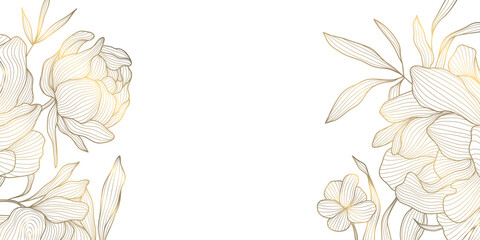 Naklejka na ściany i meble Elegant floral pattern with gold line peony and leaves on white background. Luxury vector illustration Chinese and Japanese ornament, vintage and modern linear style