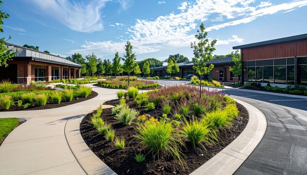Serene office park landscaping under blue skies creating a peaceful professional environment and promoting wellness.