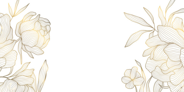 Elegant floral pattern with gold line peony and leaves on white background. Luxury vector illustration Chinese and Japanese ornament, vintage and modern linear style