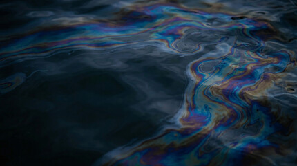 Fototapeta premium Colorful Oil Slick Patterns Floating on Calm Water Surface in Natural Light
