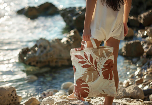 Beachside Elegance With Tropical Tote Bag Mockup PSD