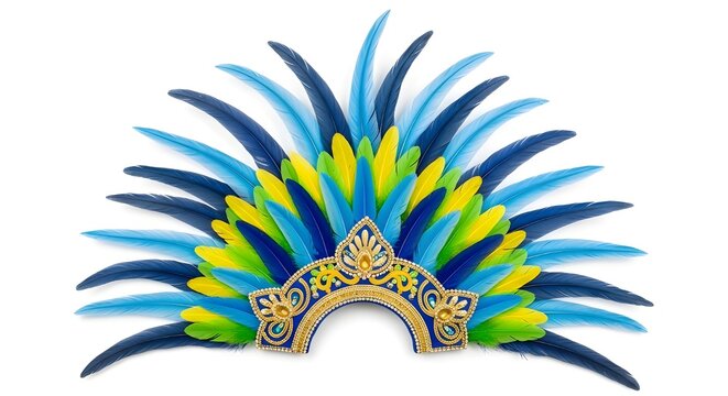 A colorful feathered headpiece with a gold crown