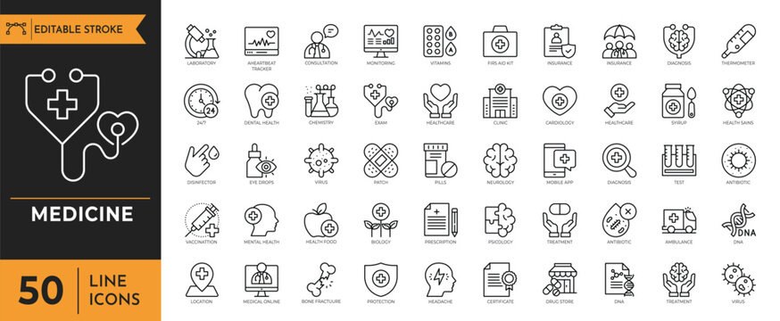 Medicine outline icon set. Containing medicine, doctor, hospital, treatment, healthcare, pills, clinic and more. Editable stroke. Vector Illustration