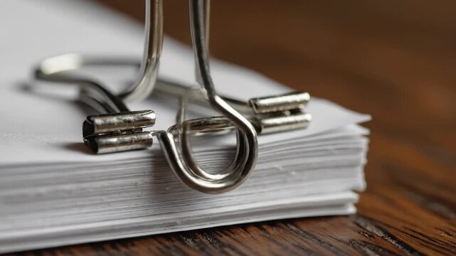 Metal clip fastened onto thick stack of white paper resting on wooden surface