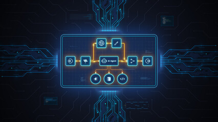 AI agent automation workflow interface with connected nodes on futuristic digital dashboard technology