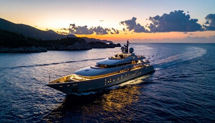 Luxury yacht at sunset sailing the ocean seascape in evening light coastal cruising yachting lifestyle.