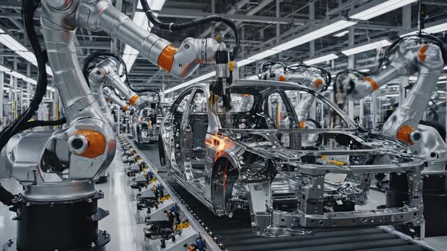 Automated Robotic Arms Assembling Car Chassis On A Factory Assembly Line With Sparks Flying