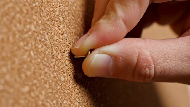 Fingers holding metal pushpin ready to attach to textured surface