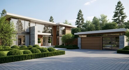 Fototapeta premium A modern house with a large driveway and a garage