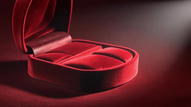 Close-up of an open, empty red velvet ring box on a dark red background with dramatic spotlight, romantic engagement or Valentine's Day gift concept