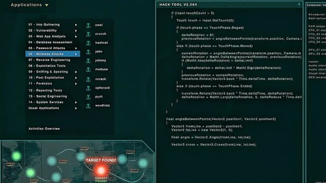Simulated hacker computer screen interface with code, world map target, and cybersecurity tools menu