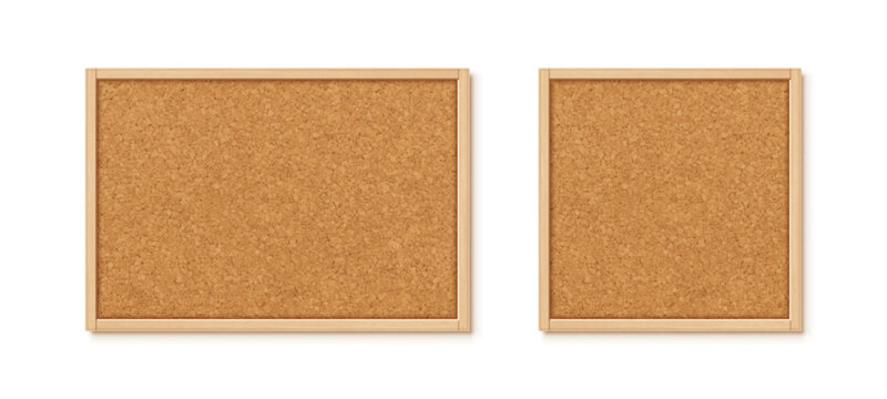 Cork boards with wood frame isolated on white background. Note pinboard. Vector realistic illustration