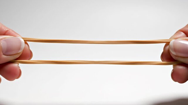 Person holding thin elastic bands with manicured fingers
