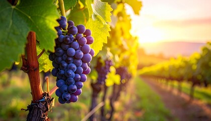 Naklejka premium Ripe Grapes Hanging in Vineyard at Sunset Wine Production Viticulture Agriculture Harvesting Season.