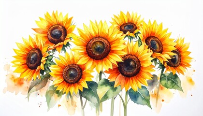 Naklejka premium Vibrant watercolor sunflowers floral illustration with warm tones summertime beauty nature themed artwork.