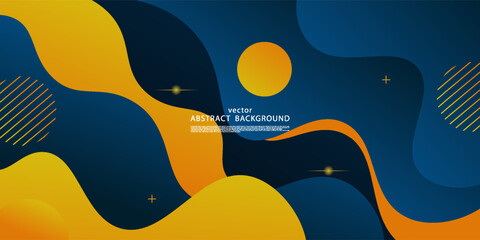 Abstract blue banner with orange fluid wave pattern as horizontal background. Vector Eps10