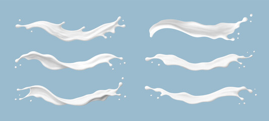 Milk splashes on blue background. Realistic dairy liquid set  Vector illustration