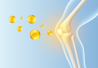 Healthy knee joint of a human leg with vitamins and minerals around it. Vitamin, сollagen, minerals and calcium for healthy bone joint. Vector realistic illustration