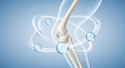 Healthy knee joint of a human leg with vitamins and minerals around it. Vitamin, сollagen, minerals and calcium for healthy bone joint. Vector realistic illustration
