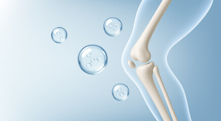 Healthy knee joint of a human leg with vitamins and minerals around it. Vitamin, сollagen, minerals and calcium for healthy bone joint. Vector realistic illustration