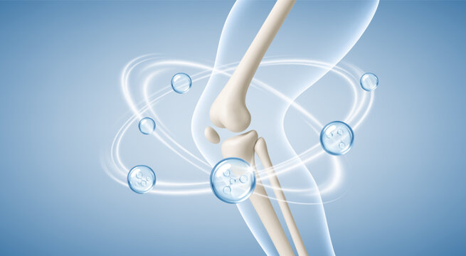 Healthy knee joint of a human leg with vitamins and minerals around it. Vitamin, сollagen, minerals and calcium for healthy bone joint. Vector realistic illustration