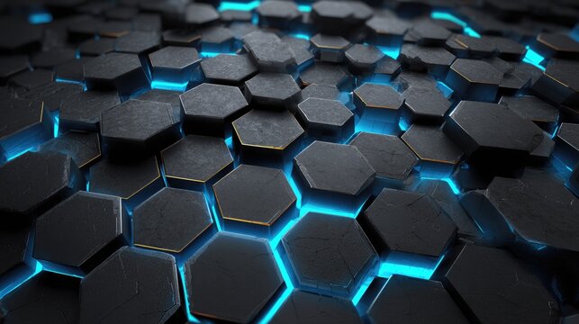Futuristic hexagon pattern, glowing blue edges, dark metal texture, sci-fi background, high tech armor plate 
