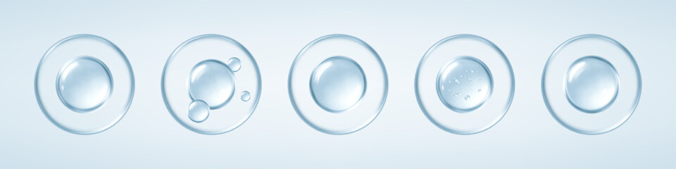 Collagen serum or hyaluronic acid bubbles on blue background. Cosmetic essence. Concept skincare cosmetics solution. Vector realistic illustration