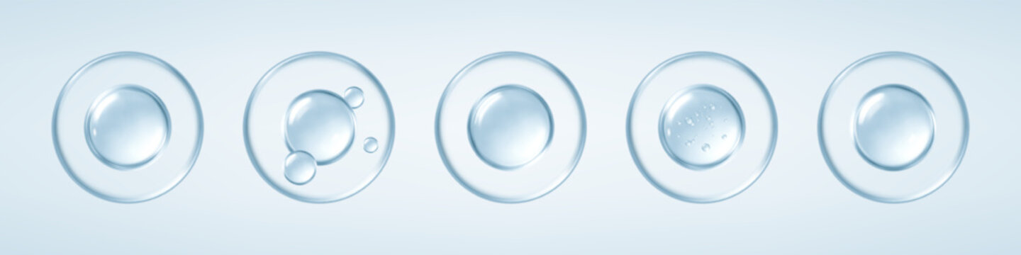 Collagen serum or hyaluronic acid bubbles on blue background. Cosmetic essence. Concept skincare cosmetics solution. Vector realistic illustration