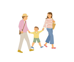 手をつないで歩く3人家族