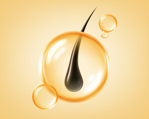 Black hair strand protected inside a golden oil droplet. Vitamin oil hair serum. Realistic vector illustration