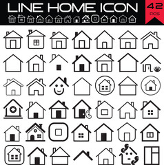 A collection of 42 line home icons in black and white on a clean background