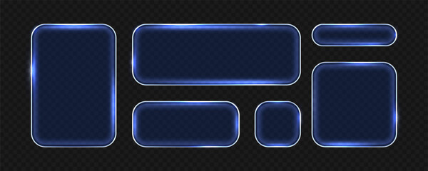 Transparent  neon glass frames collection with glowing effect. Futuristic interface design on transparent background. Vector illustration